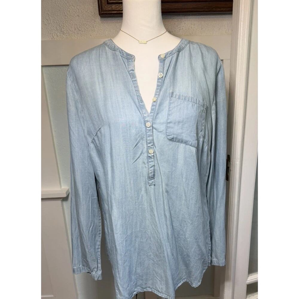 Talbots Blue Denim Chambray Long Sleeve Pullover, Lyocell, Button Top, Medium